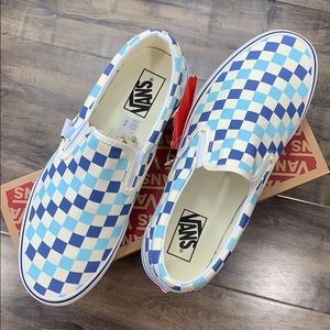Vans Slip-On Checkerboard Sneakers in Blue and Light Blue — women’s 6/mens 4.5
